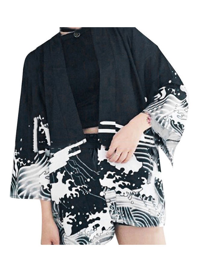 Dragon Wave Print Sun Protection Cardigan Beach Cover Women Japanese Kimono Black