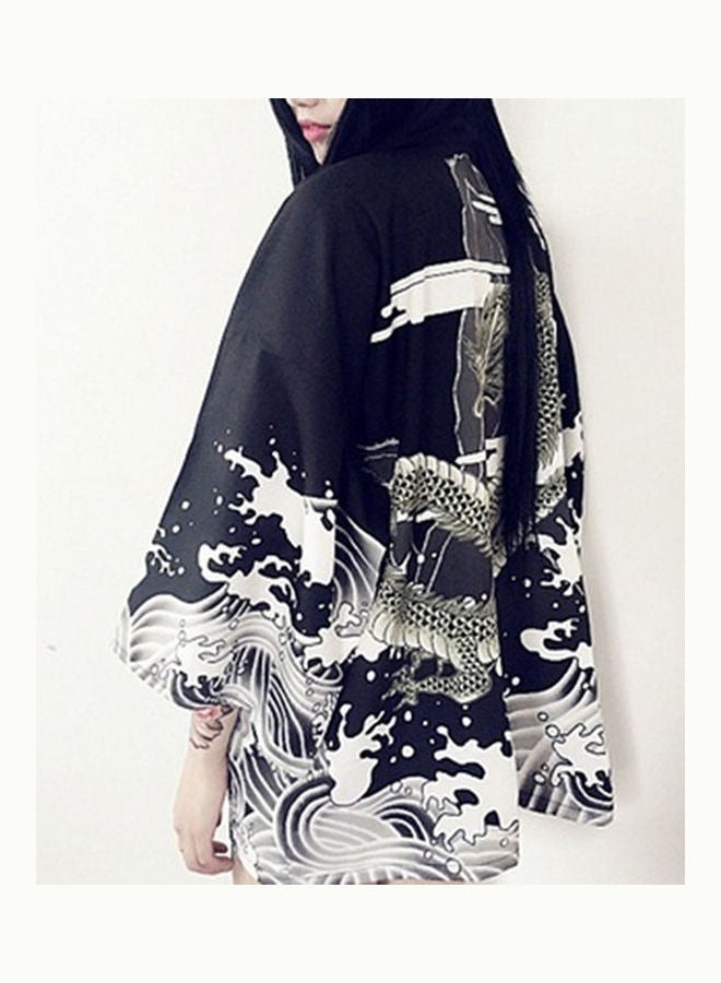 Dragon Wave Print Sun Protection Cardigan Beach Cover Women Japanese Kimono Black