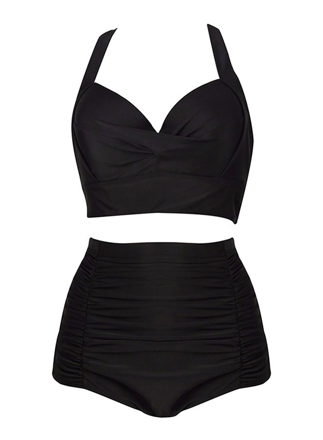 High Waist Crossover Straps Tankini Set Black