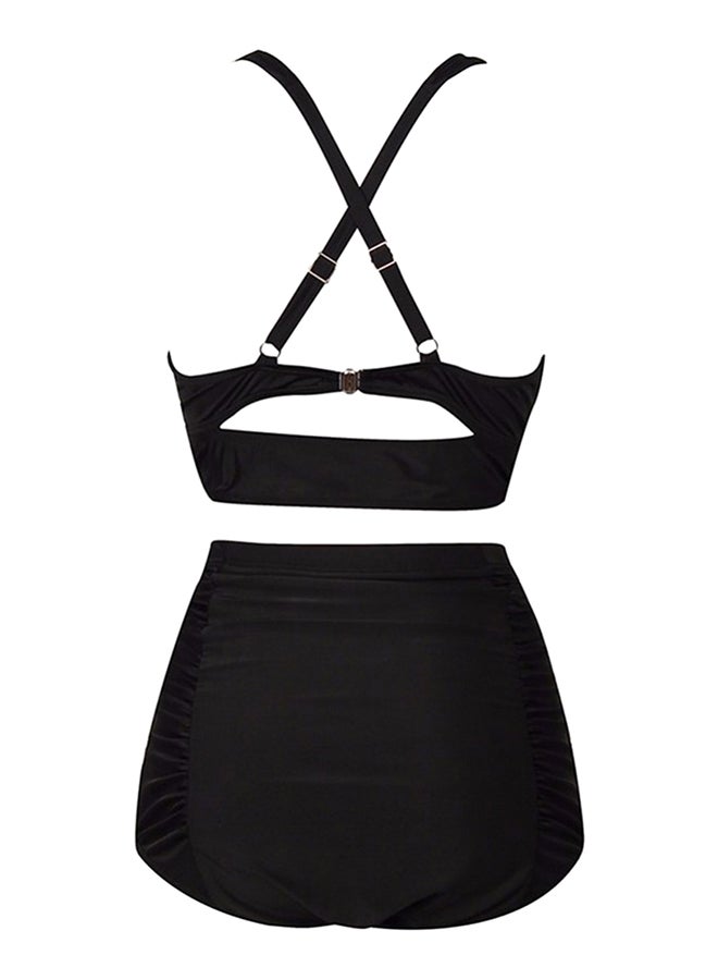 High Waist Crossover Straps Tankini Set Black