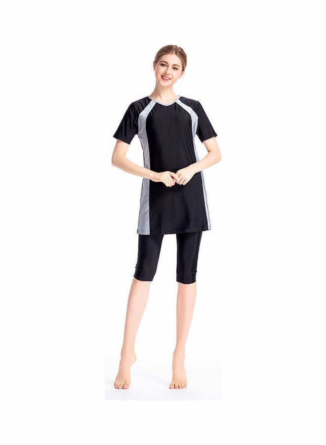 3-Piece Short Sleeve Contrast Swimsuit Set With Cap Black