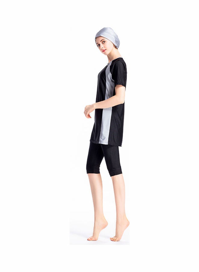 3-Piece Short Sleeve Contrast Swimsuit Set With Cap Black