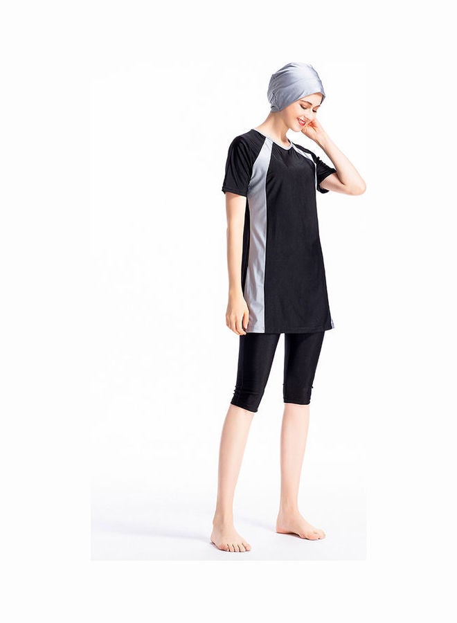 3-Piece Short Sleeve Contrast Swimsuit Set With Cap Black