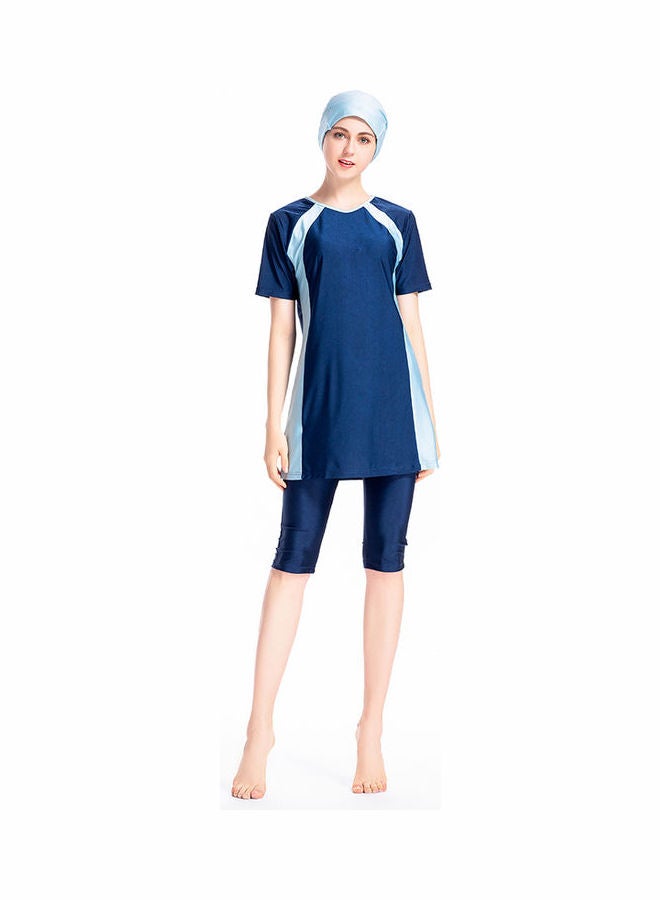 Short Sleeve 3-Piece Contrast Swimwear Set With Cap Blue