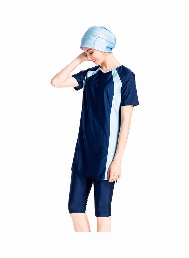 Short Sleeve 3-Piece Contrast Swimwear Set With Cap Blue