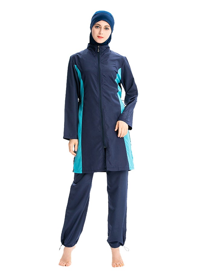 Muslim Casual Zipper Closure Contrast Swimwear Set Blue