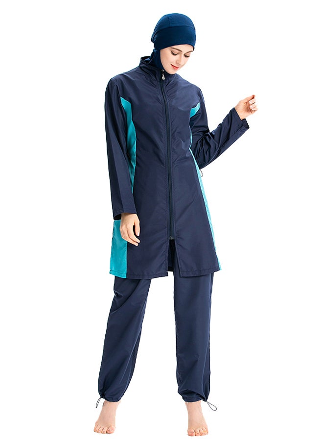 Muslim Casual Zipper Closure Contrast Swimwear Set Blue