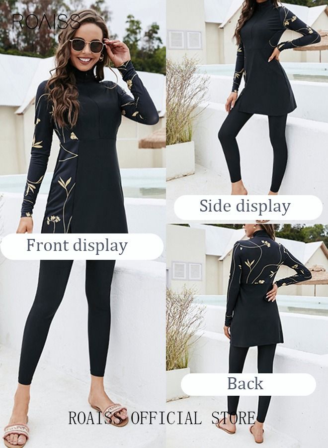 2-Piece Women Conservative Floral Pattern Swimsuit Set Muslim Sun Protection Swimwear Swimming Trousers Cap Ladies Beachwear Skirt Bikini Arab Dress Black/Gold