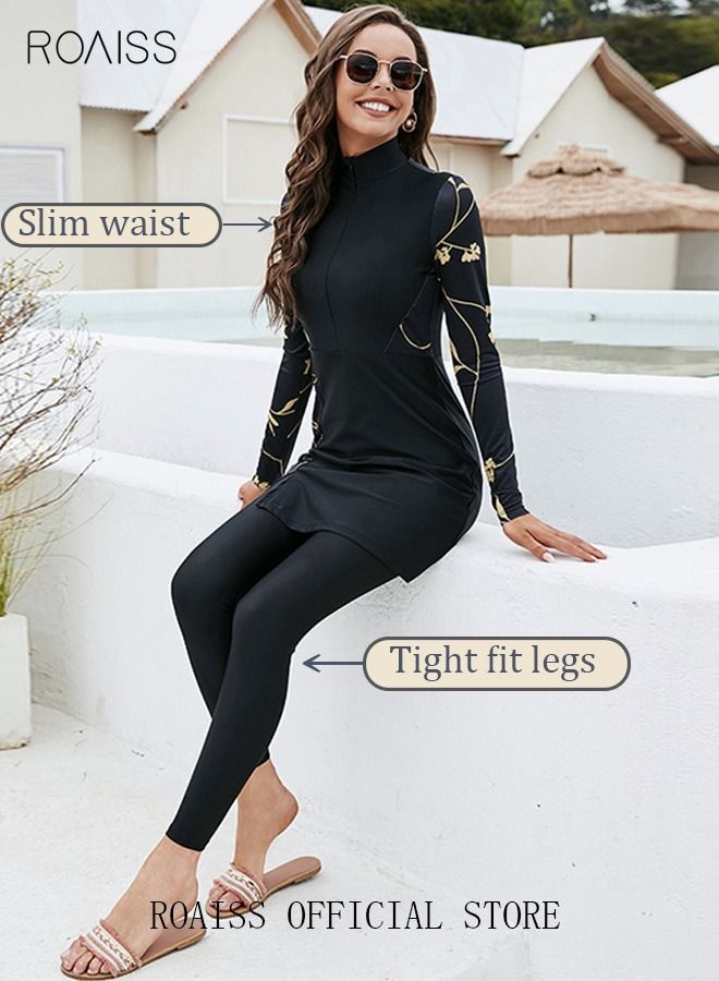 2-Piece Women Conservative Floral Pattern Swimsuit Set Muslim Sun Protection Swimwear Swimming Trousers Cap Ladies Beachwear Skirt Bikini Arab Dress Black/Gold