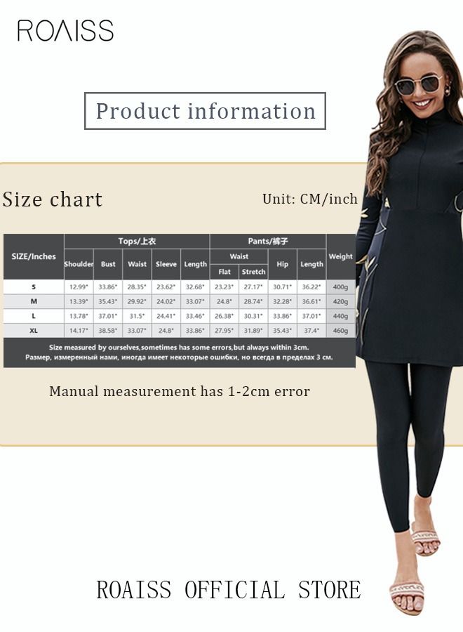 2-Piece Women Conservative Floral Pattern Swimsuit Set Muslim Sun Protection Swimwear Swimming Trousers Cap Ladies Beachwear Skirt Bikini Arab Dress Black/Gold