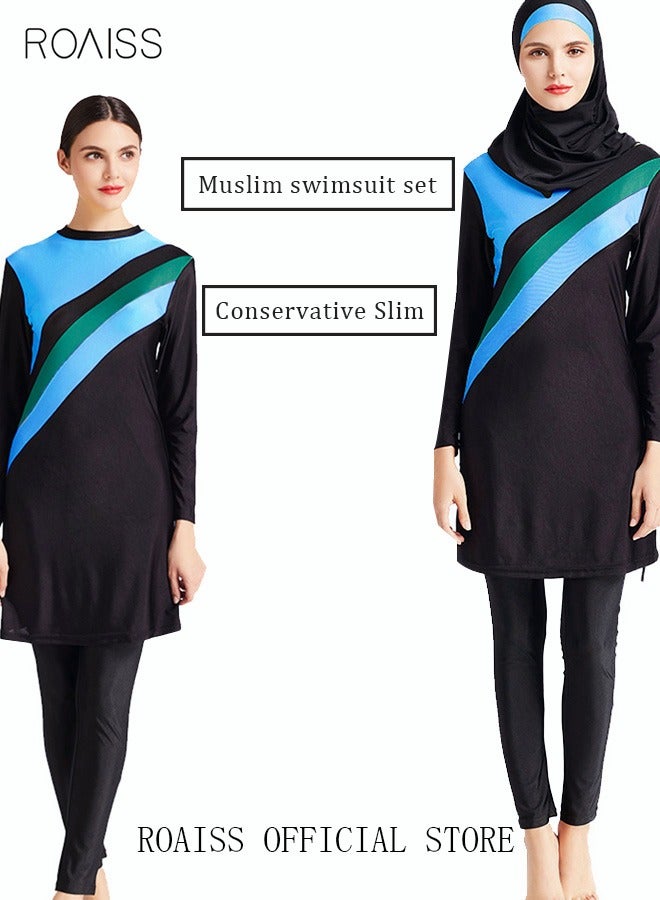 3-Piece Women Conservative Colorblock Swimsuit Set Muslim Sun Protection Swimwear Swimming Trousers Cap Ladies Loose Beachwear Dress Arab Clothing Black/Blue