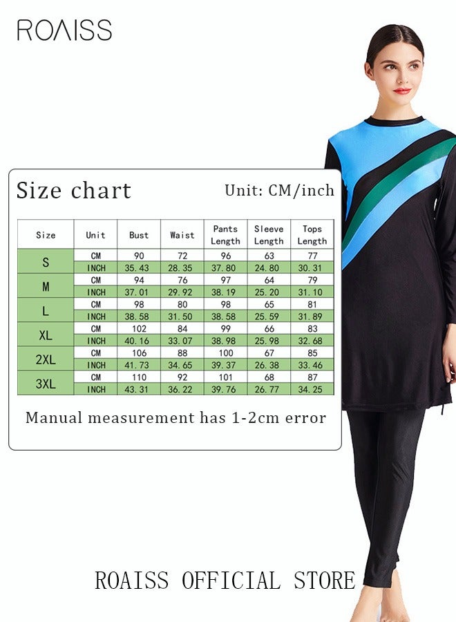 3-Piece Women Conservative Colorblock Swimsuit Set Muslim Sun Protection Swimwear Swimming Trousers Cap Ladies Loose Beachwear Dress Arab Clothing Black/Blue