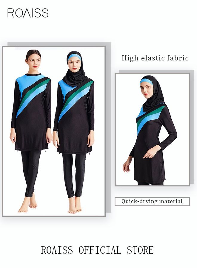 3-Piece Women Conservative Colorblock Swimsuit Set Muslim Sun Protection Swimwear Swimming Trousers Cap Ladies Loose Beachwear Dress Arab Clothing Black/Blue