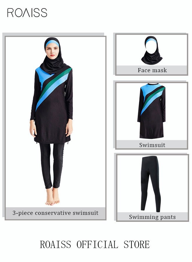 3-Piece Women Conservative Colorblock Swimsuit Set Muslim Sun Protection Swimwear Swimming Trousers Cap Ladies Loose Beachwear Dress Arab Clothing Black/Blue