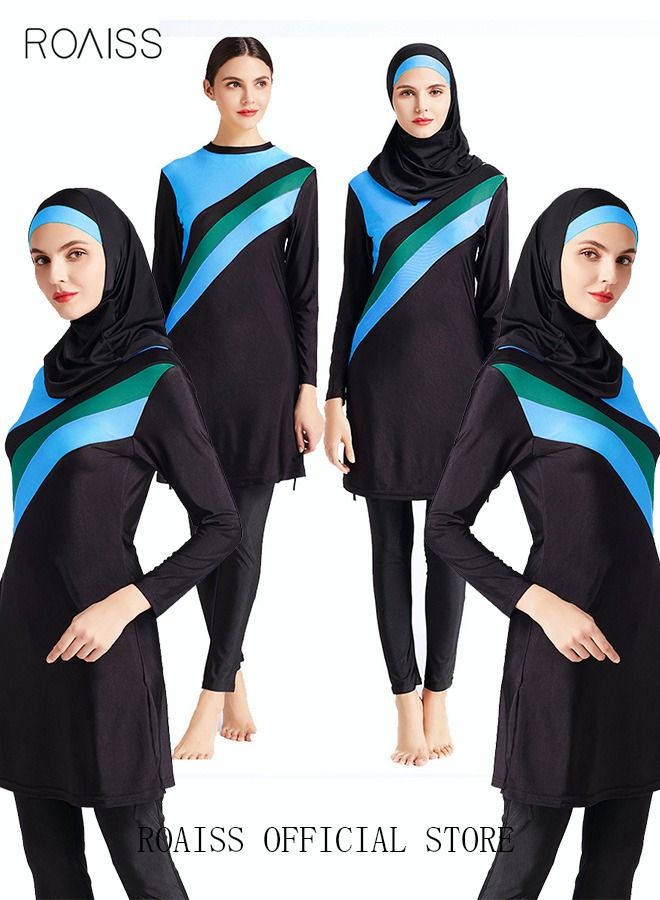 3-Piece Women Conservative Colorblock Swimsuit Set Muslim Sun Protection Swimwear Swimming Trousers Cap Ladies Loose Beachwear Dress Arab Clothing Black/Blue