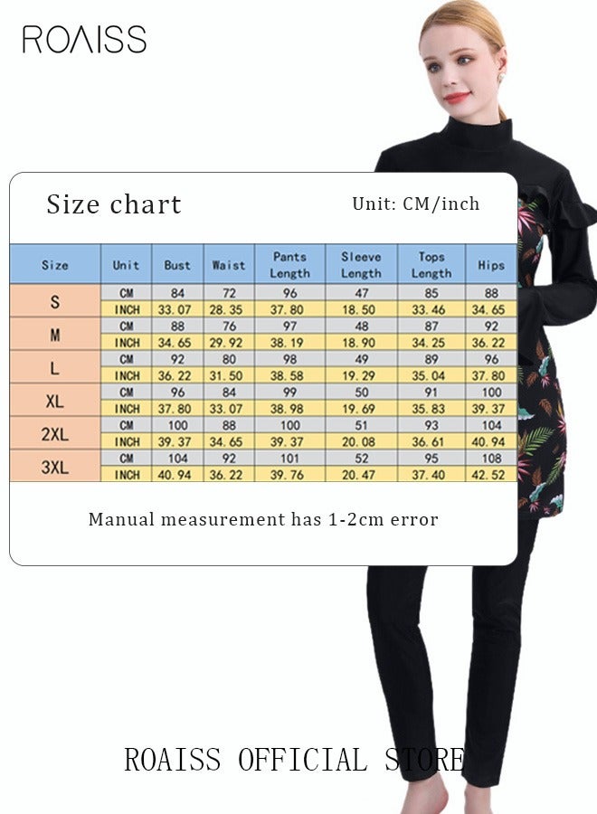 3-Piece Women Swimsuit Set Conservative Floral Muslim Sun Protection Swimwear Swimming Trousers Cap Ladies Beachwear Skirt Bikini Dress Arab Clothing Black