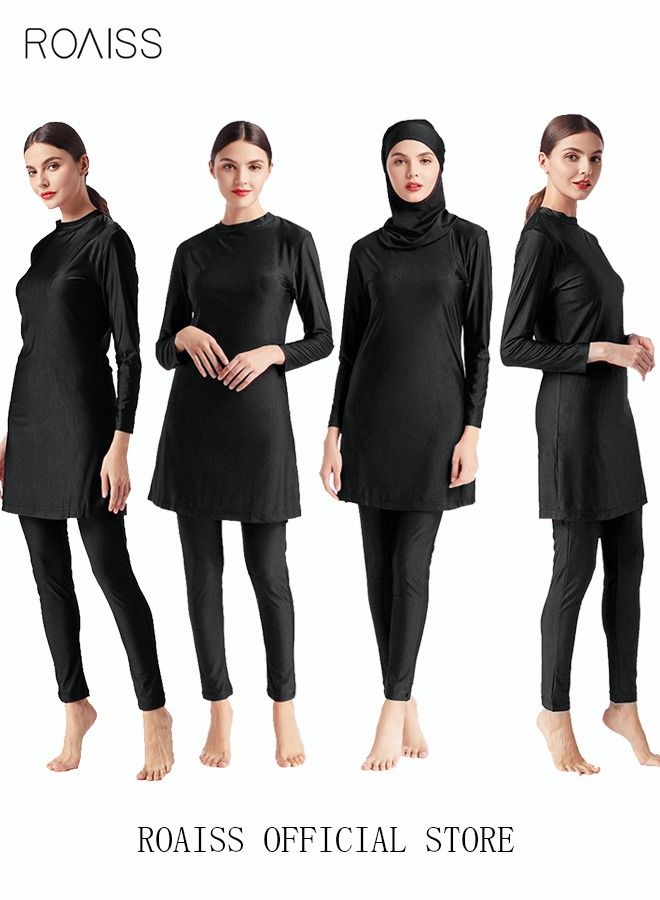 3-Piece Women Conservative Swimsuit Set Muslim Swimwear Swimming Trousers Cap Ladies Beachwear Skirt Breathable Bikini Dress Arab Clothing Solid Black