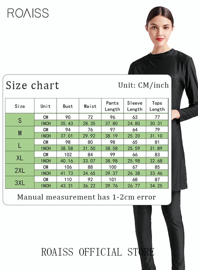 3-Piece Women Conservative Swimsuit Set Muslim Swimwear Swimming Trousers Cap Ladies Beachwear Skirt Breathable Bikini Dress Arab Clothing Solid Black