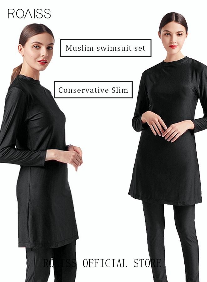 3-Piece Women Conservative Swimsuit Set Muslim Swimwear Swimming Trousers Cap Ladies Beachwear Skirt Breathable Bikini Dress Arab Clothing Solid Black