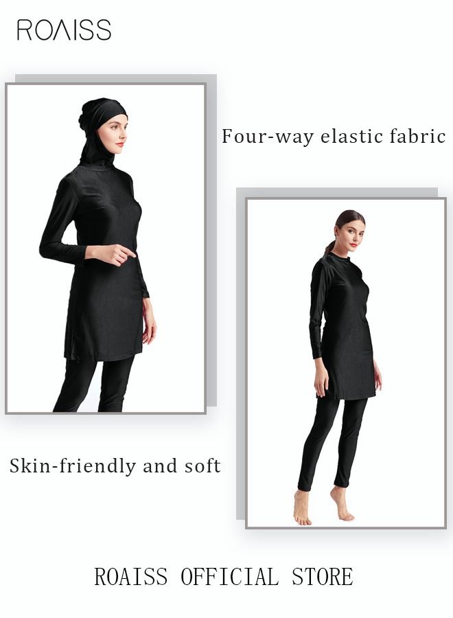 3-Piece Women Conservative Swimsuit Set Muslim Swimwear Swimming Trousers Cap Ladies Beachwear Skirt Breathable Bikini Dress Arab Clothing Solid Black