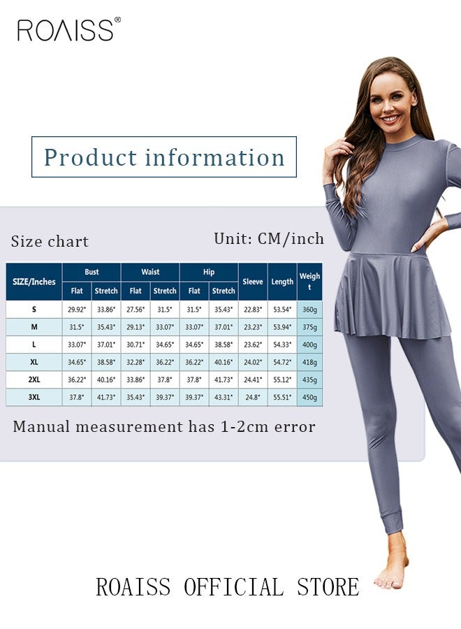 ROAISS 2-Piece Women Conservative Swimsuit Set Muslim Ruffled Hem Swimwear Swimming Trousers Cap Ladies Beachwear Skirt Bikini Dress Arab Clothing Pure  Grey