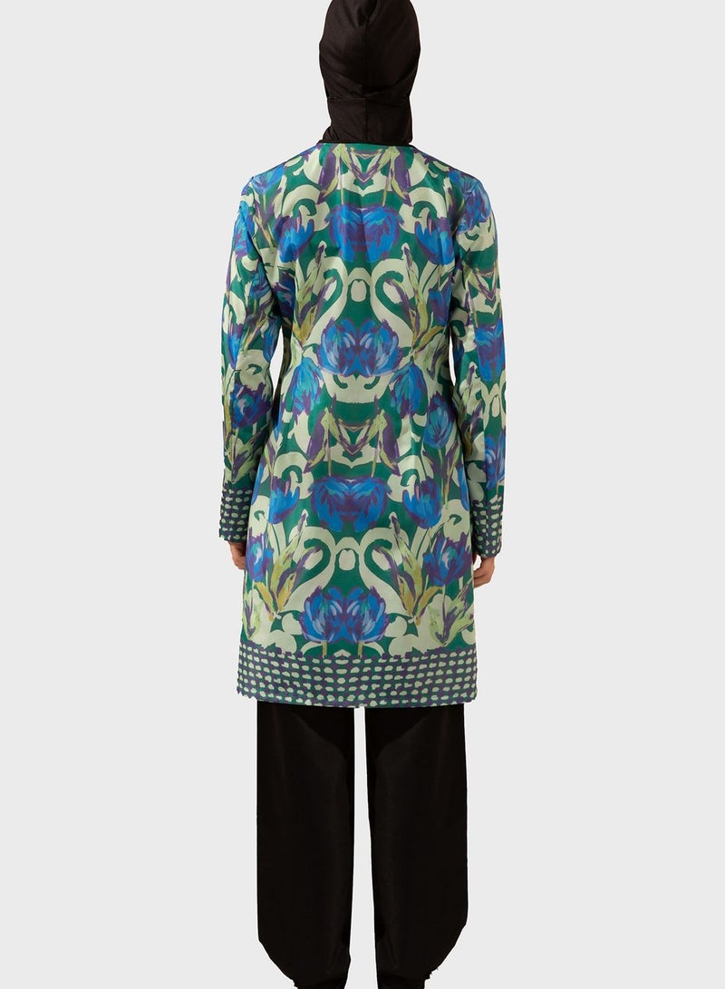 Printed Zip Detail Burkini Set