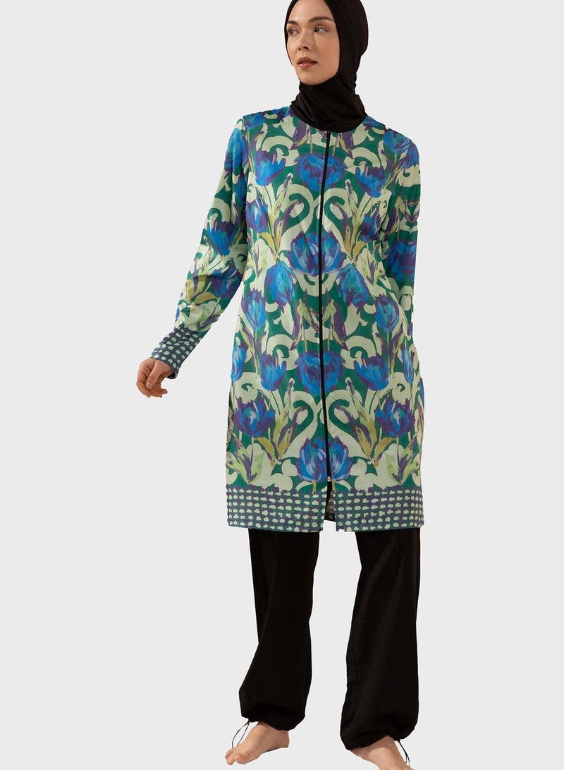 Printed Zip Detail Burkini Set