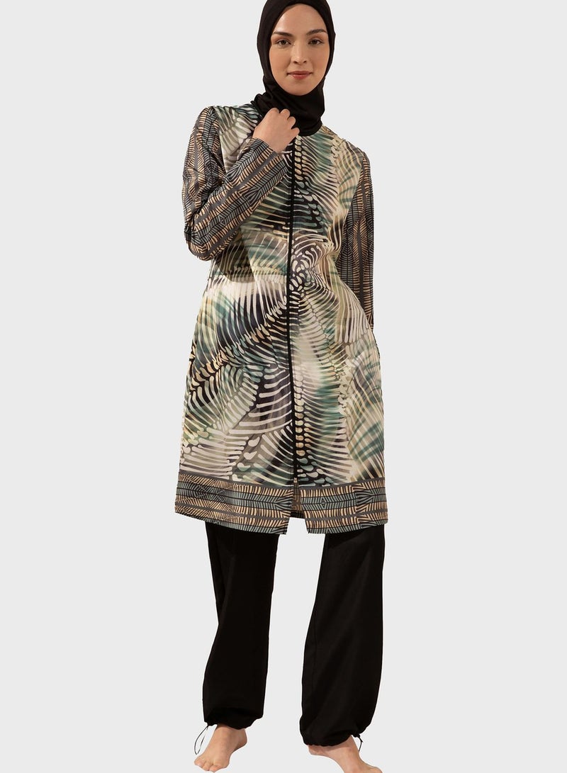 Printed Zip Detail Burkini Set