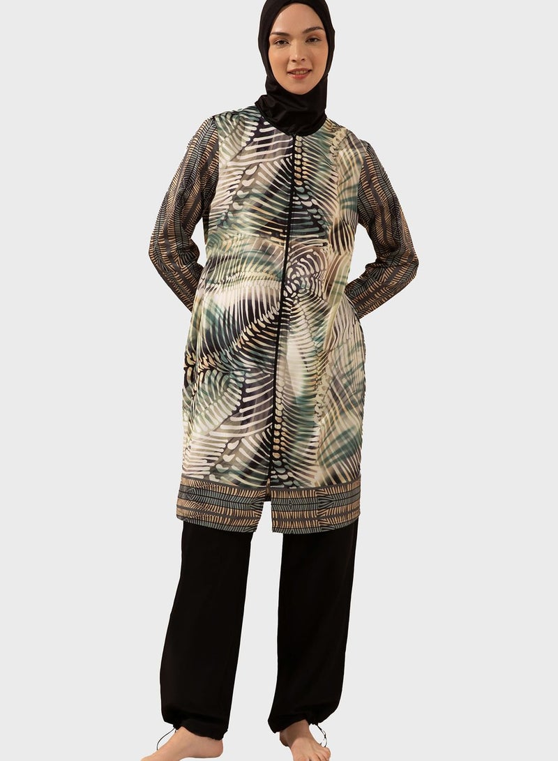 Printed Zip Detail Burkini Set