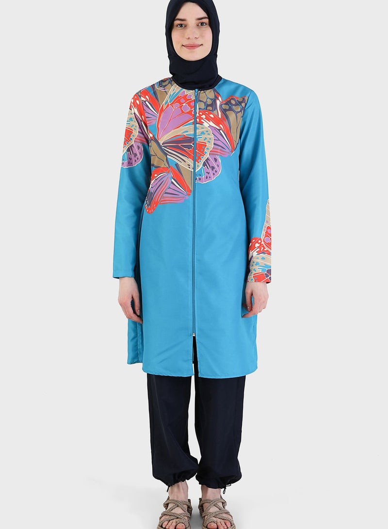 Printed Zip Detail Burkini Set