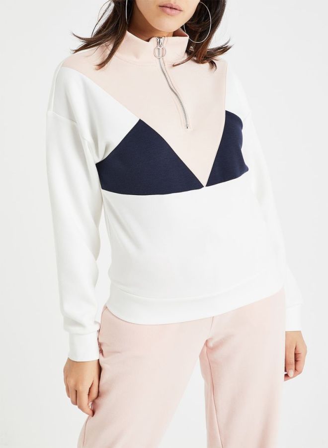 Colourblock Half Zip Sweatshirt White/Pink/Black