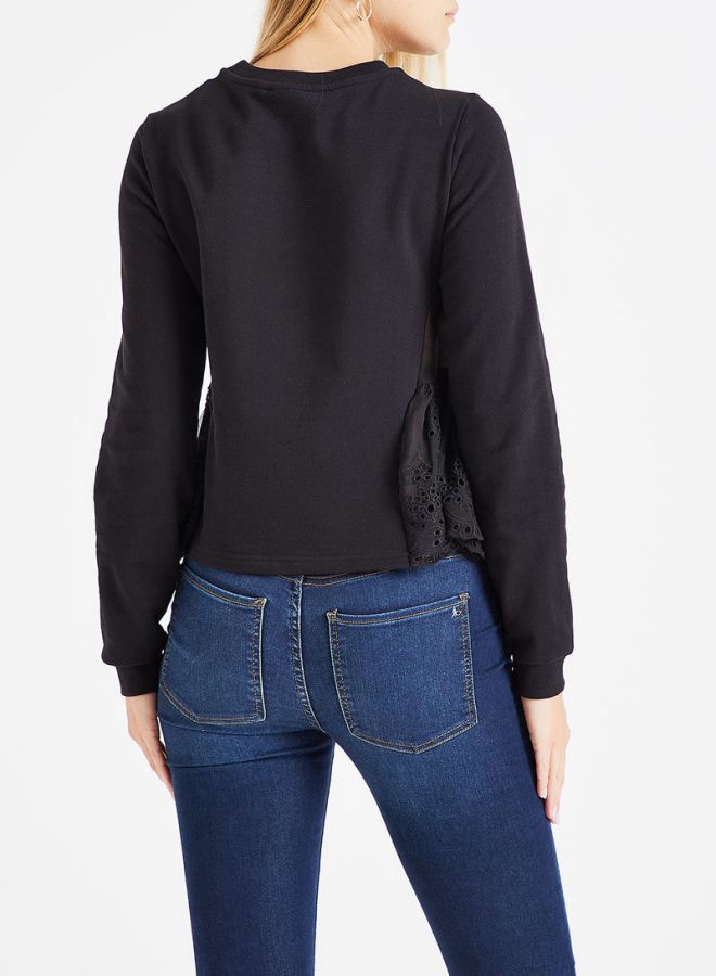 Embroidered Lace Trim Sweatshirt Black