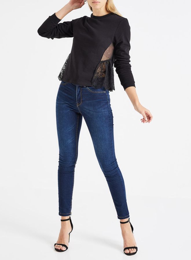 Embroidered Lace Trim Sweatshirt Black