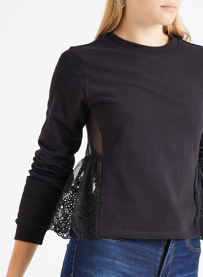 Embroidered Lace Trim Sweatshirt Black