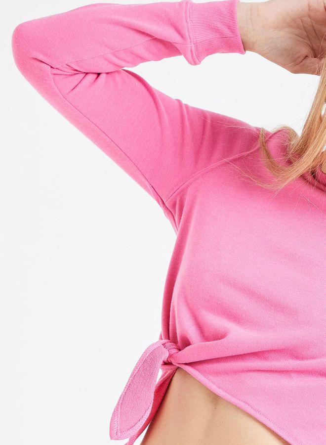 Front Tie Cropped Sweatshirt Pink