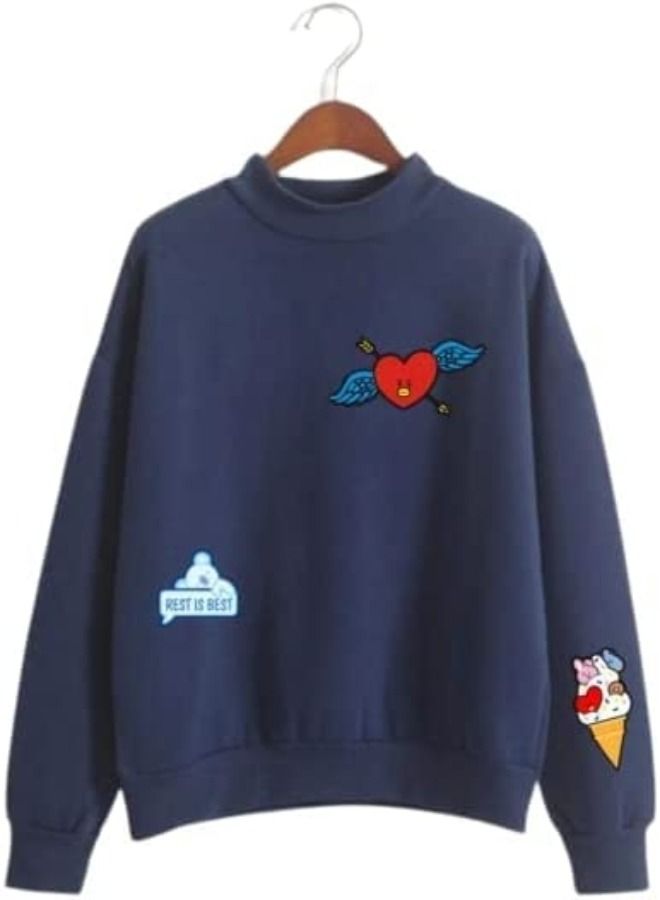 Hot Popular Cartoon Heart Ice Cream Printed Mock Neck Long Sleeve Pullover Sweatshirt Navy Blue