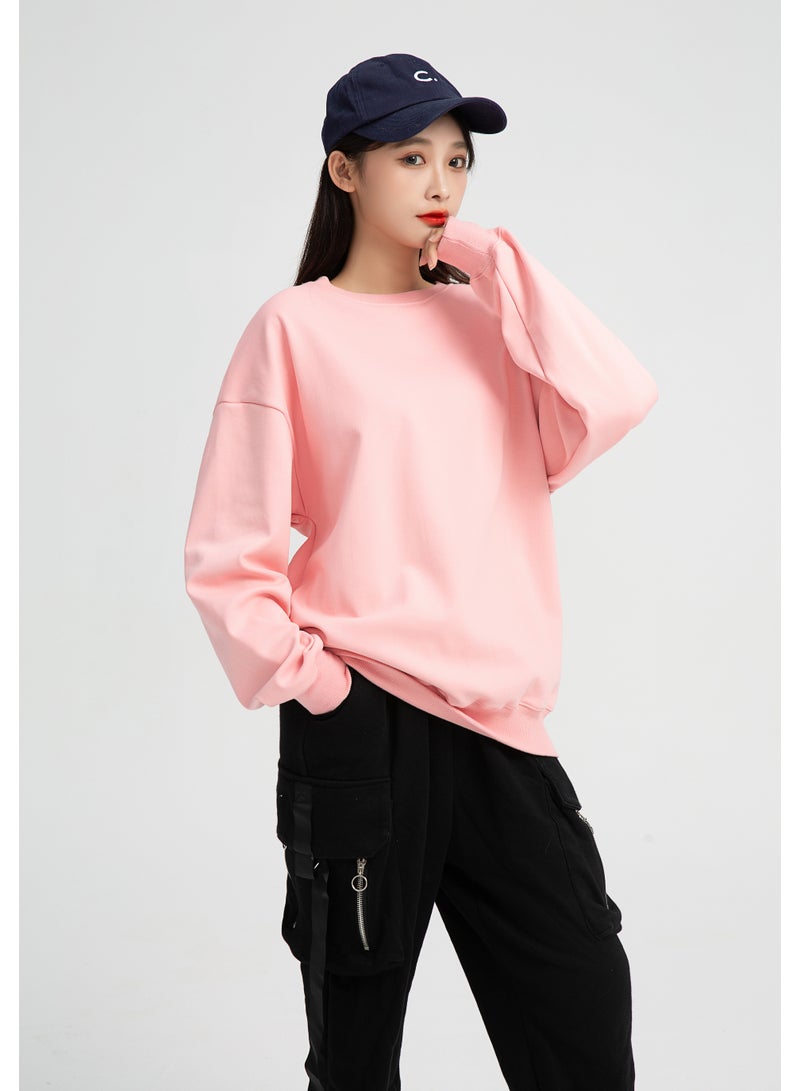 Squality Solid Color Hoodie Loose Long-Sleeved Top Pink