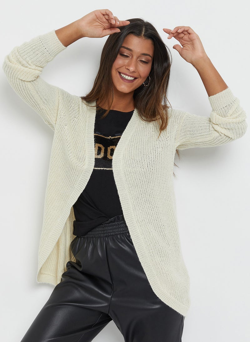 Solid Textured Long Sleeves Knitwear Cardigan White Asparagus