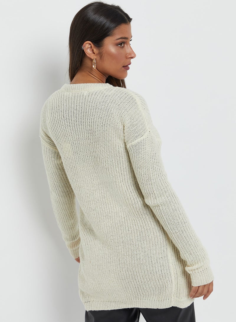 Solid Textured Long Sleeves Knitwear Cardigan White Asparagus