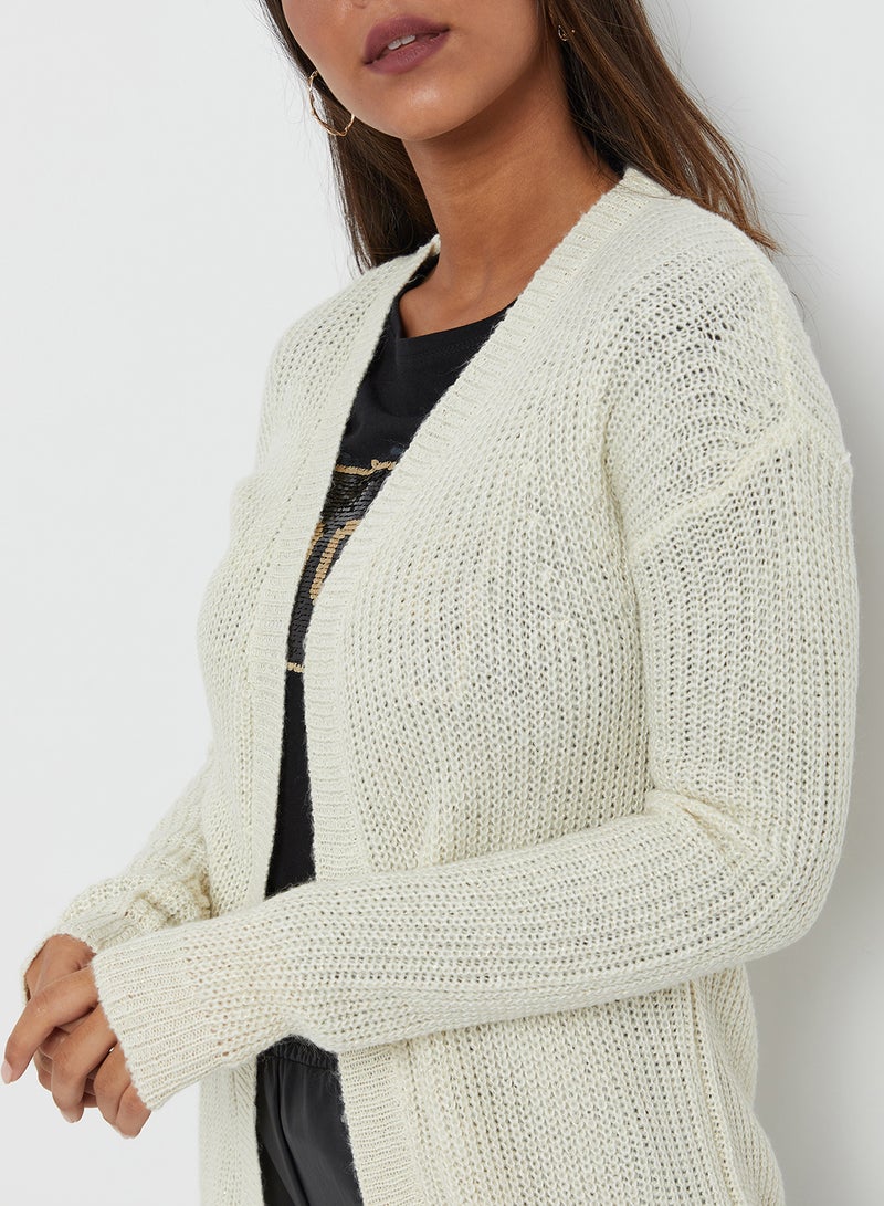 Solid Textured Long Sleeves Knitwear Cardigan White Asparagus