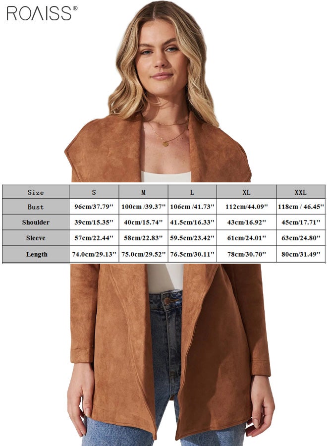 Women's Fashion Suede Lapel Coat Casual Solid Color Long Sleeved Cardigan Mid Length Waistband Soft Trench Coat