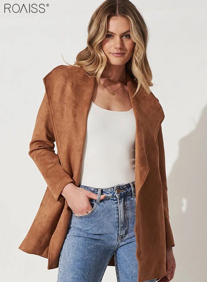 Women's Fashion Suede Lapel Coat Casual Solid Color Long Sleeved Cardigan Mid Length Waistband Soft Trench Coat