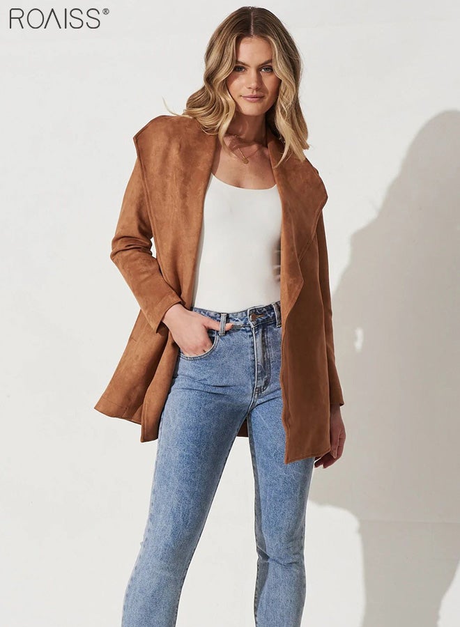 Women's Fashion Suede Lapel Coat Casual Solid Color Long Sleeved Cardigan Mid Length Waistband Soft Trench Coat