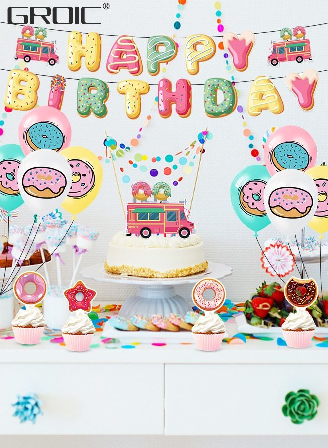 Donut Party Supplies Kit,Donut Birthday Party Supplies,Donut Happy Birthday Banner, Cake Topper, Balloons Set for Donut Birthday Party Decorations,Donut Balloons Decoration Kits