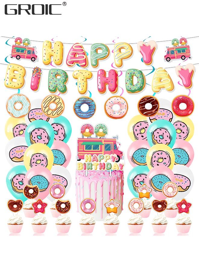 Donut Party Supplies Kit,Donut Birthday Party Supplies,Donut Happy Birthday Banner, Cake Topper, Balloons Set for Donut Birthday Party Decorations,Donut Balloons Decoration Kits