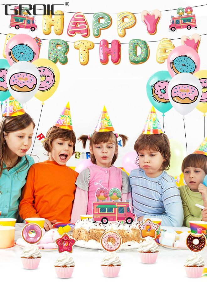 Donut Party Supplies Kit,Donut Birthday Party Supplies,Donut Happy Birthday Banner, Cake Topper, Balloons Set for Donut Birthday Party Decorations,Donut Balloons Decoration Kits