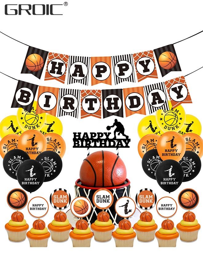 Basketball Party Decorations Supplies,Kids Basketball Birthday Party Decor, HAPPY BIRTHDAY Banner Slam Dunk Balloons Tablecloth Cake Cupcake Toppers for Boys Teenagers Sport Theme Party