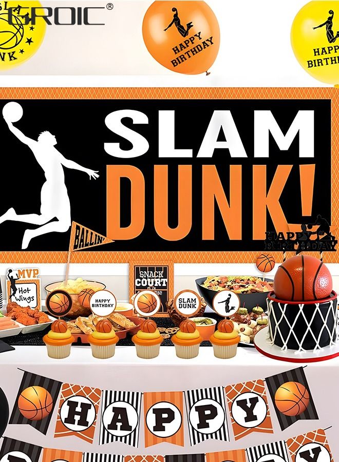 Basketball Party Decorations Supplies,Kids Basketball Birthday Party Decor, HAPPY BIRTHDAY Banner Slam Dunk Balloons Tablecloth Cake Cupcake Toppers for Boys Teenagers Sport Theme Party