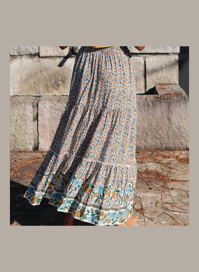 Boho Floral Print Pleated Ruffles Skirt Multicolour