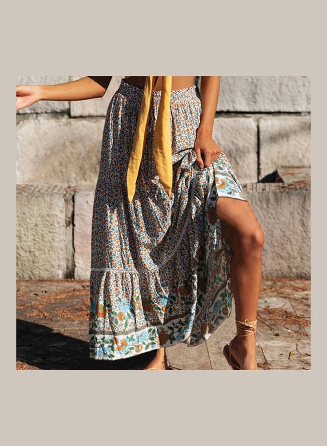 Boho Floral Print Pleated Ruffles Skirt Multicolour